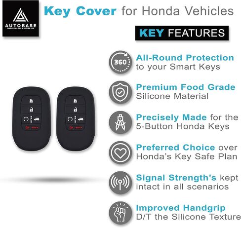 Autobase Silicone Key Fob Cover for Honda Accord Civic CR-V CRV Pilot Passport Insight Ex Ex-L Touring | ملحق السيارة | حالة الحماية الرئيسية - 2 أجهزة كمبيوتر (أسود) in Kuwait