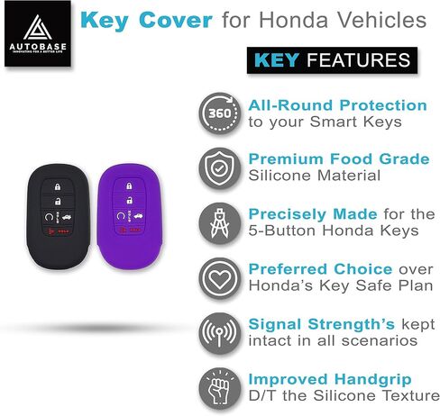 Autobase Silicone Key Fob Cover for Honda Accord Civic CR-V CRV Pilot Passport Insight Ex Ex-L Touring | ملحق السيارة | حالة الحماية الرئيسية - 2 أجهزة كمبيوتر (أسود) in Kuwait