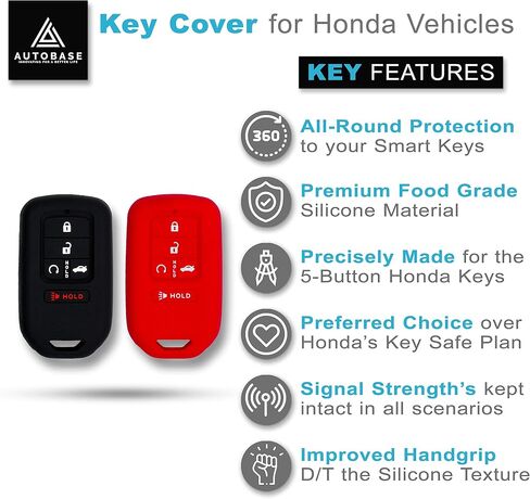 Autobase Silicone Key Fob Cover for Honda Accord Civic CR-V CRV Pilot Passport Insight Ex Ex-L Touring | ملحق السيارة | حالة الحماية الرئيسية - 2 أجهزة كمبيوتر (أسود) in Kuwait