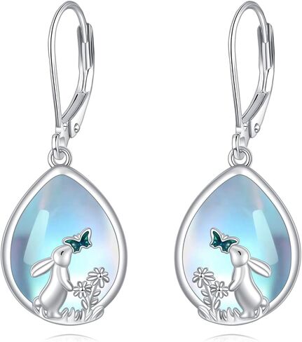 Mermaid/Bunny/Swan/Peacock Moonstone Earrings 925 Sterling Silver Teardrop Dangle Hypoallergenic Leverback Earring for Women Mother Friends in Saudi Arabia
