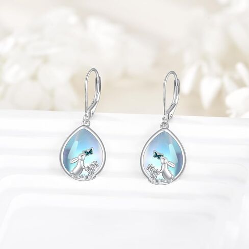 Mermaid/Bunny/Swan/Peacock Moonstone Earrings 925 Sterling Silver Teardrop Dangle Hypoallergenic Leverback Earring for Women Mother Friends in Saudi Arabia