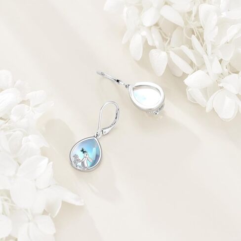 Mermaid/Bunny/Swan/Peacock Moonstone Earrings 925 Sterling Silver Teardrop Dangle Hypoallergenic Leverback Earring for Women Mother Friends in Saudi Arabia