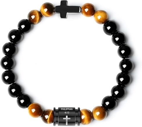 Mens Beaded Bracelets 10mm Natural Lava Rock Stone Black Onyx and Tiger Eyes, Bible Verse Cross Bracelets for Men Christmas Birthday Religious Gifts for Men Father Boyfriend Husband in Kuwait