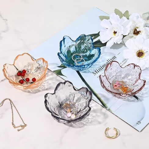 Koythin 2-Piece Glass Jewelry Tray, Mini Ring Dish for Necklace Earring Bracelet, Cute Trinket Tray for Engagement Vanity Bathroom, Crystal Floral Aesthetic Room Decor for Women Girl Mom (Light Pink) in Saudi Arabia