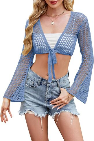 Women Bell Long Sleeve Crochet Top Tie Front Cropped Cardigan Hollow Out Knit Bolero Shrug in Saudi Arabia