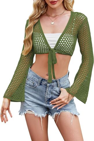Women Bell Long Sleeve Crochet Top Tie Front Cropped Cardigan Hollow Out Knit Bolero Shrug in Saudi Arabia