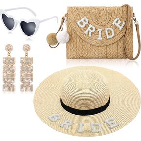 4 Pcs Bridal Shower Gifts Set Bride Sun Hat Straw Shoulder Bag Sunglasses Earrings Bachelorette Gifts for Summer Beach