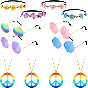 12 Pcs Hippie Costume Accessory Set 60s 70s 4 Pairs Hippie Sunglasses 4 Pcs Daisy Headband 4 Pcs Peace Sign Necklace