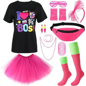 80s Outfit for Women, 80s Women Costume Accessories Set T Shirt Neon Slouch Socks Tutu Skirt 80s Fanny Pack Headband Earring Necklace for Halloween Cosplay Retro Theme Party, Medium