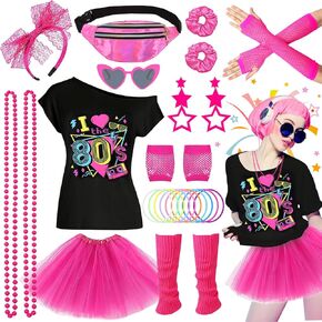 12 Pcs 80s Costume Outfits Accessories Set for Women, 1980s Fancy Dress Party Kits for 80s Retro Neon Theme Party Dress Up