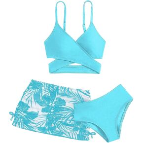 SHENHE Girl's 3 Piece Swimsuits Wrap Criss Cross High Waisted Bikini Set with Cover Up Skirt