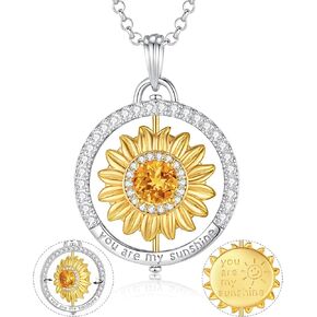 FANCIME Sunflower necklace Sterling Silver Gold Plated Anxiety Pendant for anti-stress, You Are My Sunshine Rotatable Jewelry Birthday Christmas Gifts for Women