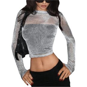 OYOANGLE Women's Glitter Mesh Sheer Long Sleeve Tee Shirt Slim Fitted Party Rave Tops