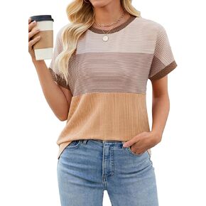 Womens Color Block Fashion Short Sleeve Crewneck Knitted Spring Summer Casual Loose T Shirts Tops