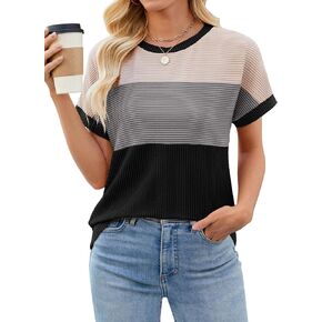Womens Color Block Fashion Short Sleeve Crewneck Knitted Spring Summer Casual Loose T Shirts Tops in Saudi Arabia