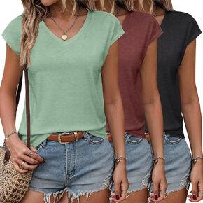 3 Pack Women's Summer Tops Casual Spring V Neck T Shirts Cap Sleeve Trendy Beach Vacation Clothes Fashion Basic Tees