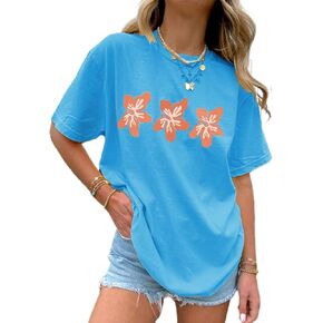 Oversized Y2k Floral Graphic Tees for Women Fruit Print Vintage Aesthetic Tops Baggy Summer Preppy Teen Girl Clothes