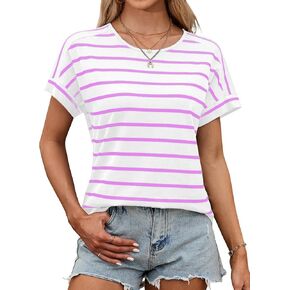 LilyCoco Womens Short Batwing Sleeve Striped Shirt Crew Neck Tops Casual Loose Fit Tee