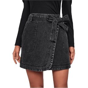 Makemechic Women's Denim Skirt Wrap Bulted Y2K Mini Jean تنورة مع جيوب