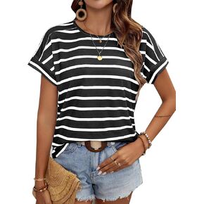 LilyCoco Womens Short Batwing Sleeve Striped Shirt Crew Neck Tops Casual Loose Fit Tee in Kuwait