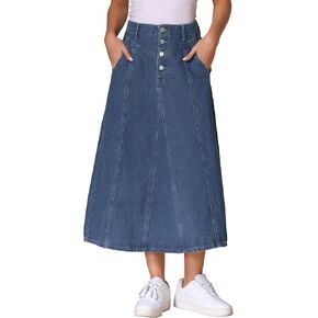Allegra K Women's Midi Demin Skirt High Weist Pockets Casual A-Line Jean Virts