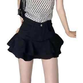 YMSHOPE Denim Mini Skirt A-Shaped Cake Bustier Skirt with Safety Trousers Lined high-Waisted Ruffled Edge Hip Short Skirt