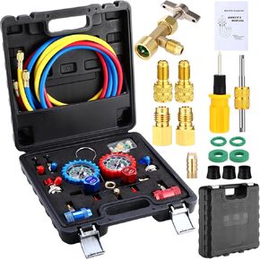 HVAC 3-Way Manifold Gauge Set for R1234YF R134A R410A R32 Automotive Air Conditioner Refrigerant Diagnostic AC Manifold Gauge with Hose Kit R1234YF Quick Coupler Can Taps for Car Charging