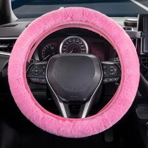 Furry Car Steering Wheel Cover, Fluffy Cover, Soft Warm Plush Non-Slip, 14 1/2-15 inch, for Women Girls, Pink