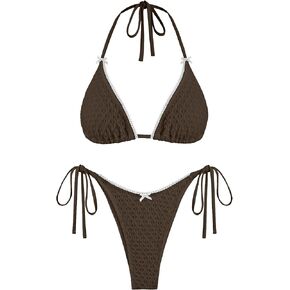 ZAFUL Bikini Sets for Women Halter Two Piece Swimsuit Eyelet Triangle Tie Side Thong Bathing Suit Bowknot Lace Trim Swimwear