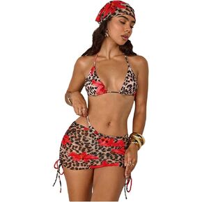 Verdusa Women's 4 Piece Cheetah Floral Halter Bikini Set Tie Back Swimsuit with Cover Up Skirt and Bandana Scarf