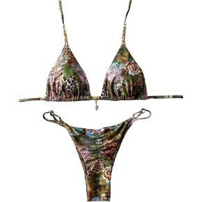 Women's 2 Piece High Cut Swimsuit Halter Triangle Ruched Bikini Sets Vacation Bathing Suit