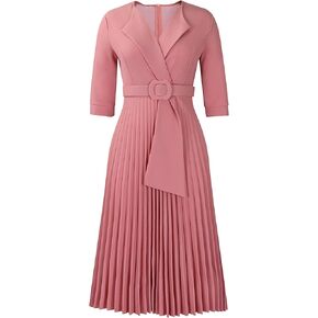SOMTHRON Women's Elegant 3/4 Sleeve Blazer Dress V Neck Lapel Pleated Business Work Swing Midi Dress with Belt