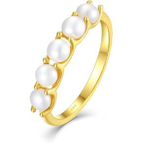 Freshwater Pearl Stackable Rings for Women 925 Sterling Silver 5 Pearls Diameter 4 mm Half Eternity Engagement Promise Wedding Band Rings Jewelry for Size 6-9