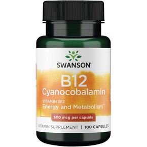 سوانسون فيتامين B-12 (Cyanocobalamin) دعم صحة الطاقة الأوعية الدموية 500 ميكروغرام 100 كبسولة