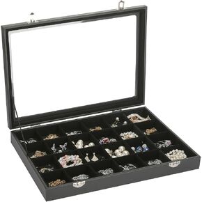 Velvet Jewelry Earring Organizer Tray Box, 24 Grids Ring Bracelet Necklace Brooches Pendants Bead storage Holder Case With Clear Lid for Women Gril for Home Shop Display (Black) in Kuwait