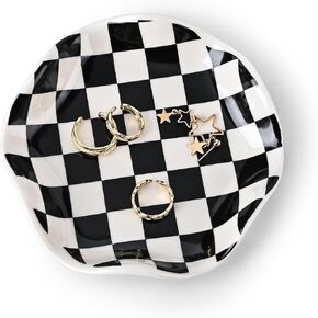 Koythin Ceramic Jewelry Tray, Checkered Pattern Aesthetic Decorative Trinket Dish for Rings, Earrings Necklaces Bracelet Watch Holder, Small Key Bowl, Birthday Mother's Day for Women (Black)