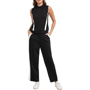 2 Piece Sets for Women Summer Outfits Lounge Sets Mock Neck Wide Leg Pants Stripes Casual Loungewear Tracksuits