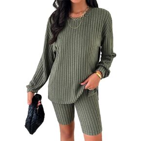 Womens 2 Piece Short Sets Ribbed Knit Matching Outfits Long Sleeve Loose Top and Biker Shorts Tracksuit
