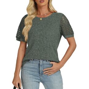 Womens Summer Tops 2025 Trendy Workout Short Sleeve Crewneck Shirts Business Casual Clothes Dressy Lace Sleeve Y2K Blouse