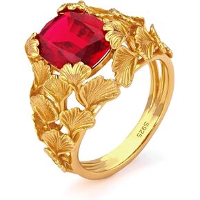 Ginkgo Leaf Ruby Ring – Thick 24K Gold-Plated on Solid 925 Sterling Silver for Long-Lasting Shine, Certified Lab-Grown Ruby with Dazzling Fire, Luxury Gift Box – Ideal for Engagement, Anniversary, or Birthday