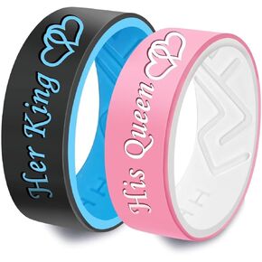 XAHH Silicone Couple Ring,Her King His Queen Lovers Ring,Engagement Wedding Bands,Anniversary Promise Love Heart Ring,Black Blue Pink Tone