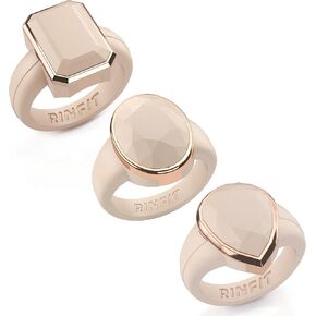 Rinfit Silicone Wedding Rings for Women - Rubber Engagement Bands - Stainless Steel Frame - Emerald/Pear/Oval - Nude with Metal Rose Gold - Size 8