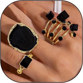 Unique Black Gold Chunky Statement Rings for Women,3Pcs Big Irregular Black Enamel Knuckle Rings,Exaggerated Geometric Band Rings
