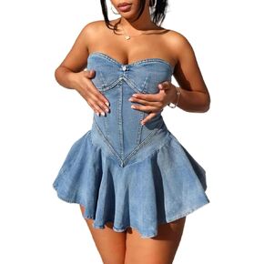 Dingang Womens y2k blitless denim mini dress قبالة الكتف مشد أنبوب مطوي حفلة كشكش جان