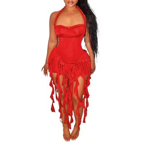 Aro Lora Womens Sexy Halter Neck Sleeveless Ruffle Tassel Party Club Bodycon Mini Dress