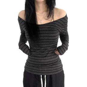 Womens Long Sleeve Grunge Aesthetic Shirts Striped Off Shoulder Tops Teen Girls Alt Emo Goth Streetwear Y2k Clothes