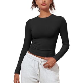 Prettyguide Women's Cotton Jersey Long Sleeve قمصان ضيقة ملائمة Crewneck Tops Basic Fall Fall Out Out Y2K Tops