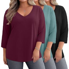 Ficerd 3 Pack Cotton Plus Size 3/4 Sleeve Tops for Women V Neck T-Shirts Casual Loose Fit Trendy Basic Tees Clothes