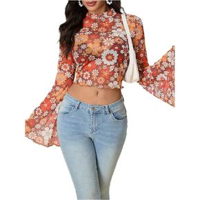 Women's Y2K Floral 70s Top Hippie Shirt Sheer Mesh Tee Shirt Disco Long Bell Sleeve T Shirts Crew Neck Boho Crop Tops