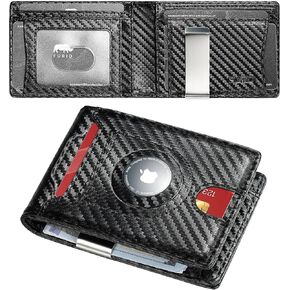 Apple Air tag Wallet Men Slim: Wallet for Air Tag Men Minimalist - RFID Blocking Leather Wallet with Money Clip (Carbon Fiber)